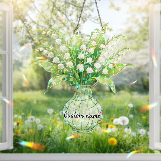Lily of The Valley Stained Glass Suncatcher – Flower Vase Window Ornament, Sun Catchers Indoor Window, Garden Decor Gift, Plant Gifts for Women, Grandma, Mother's Day, Christmas