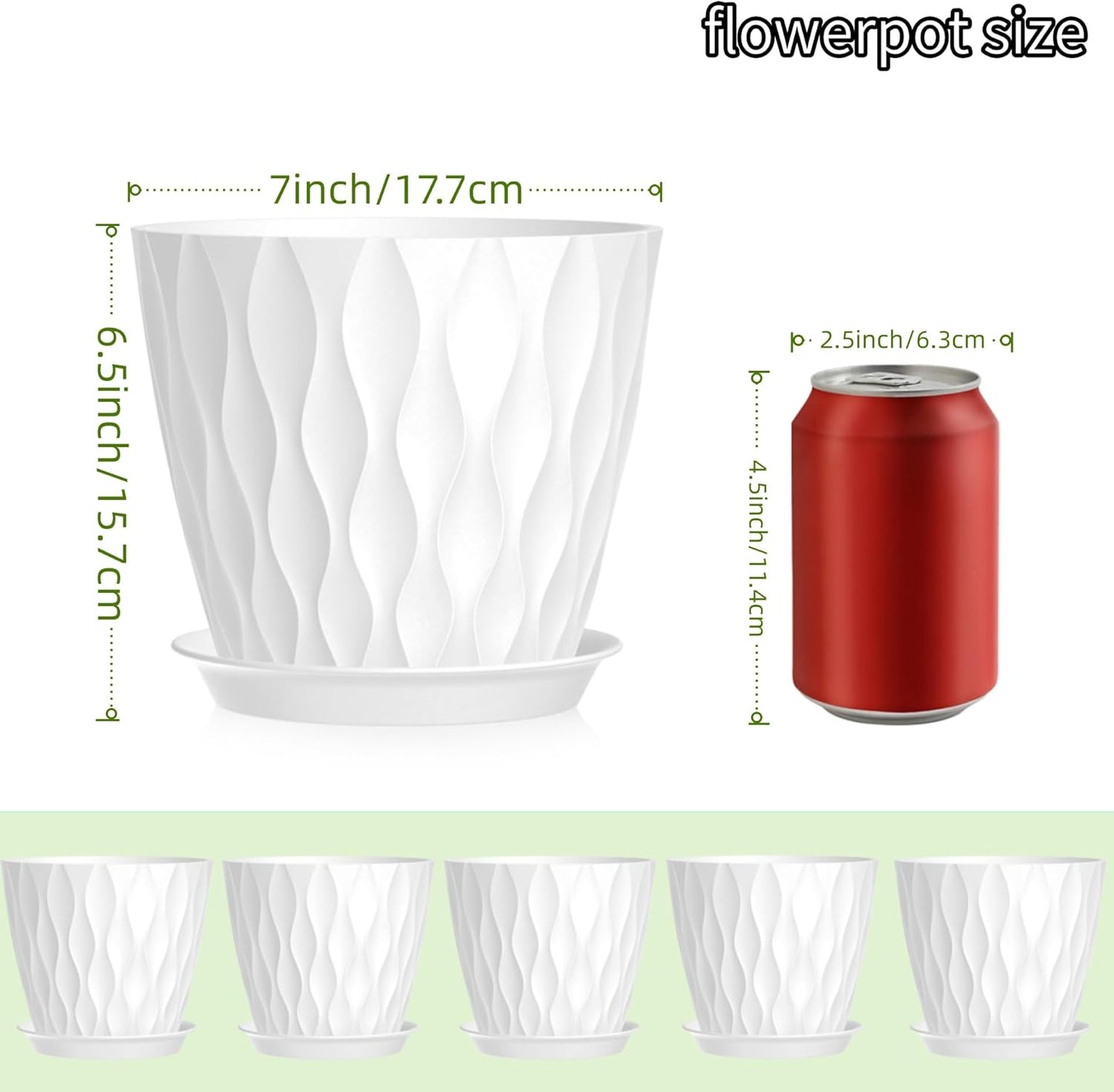 7 Inch Plant Pots 5 Pack, Plastic Flower Pots with Drainage Holes Saucers, Indoor Outdoor Planters for Plants, Lightweight Durable,White