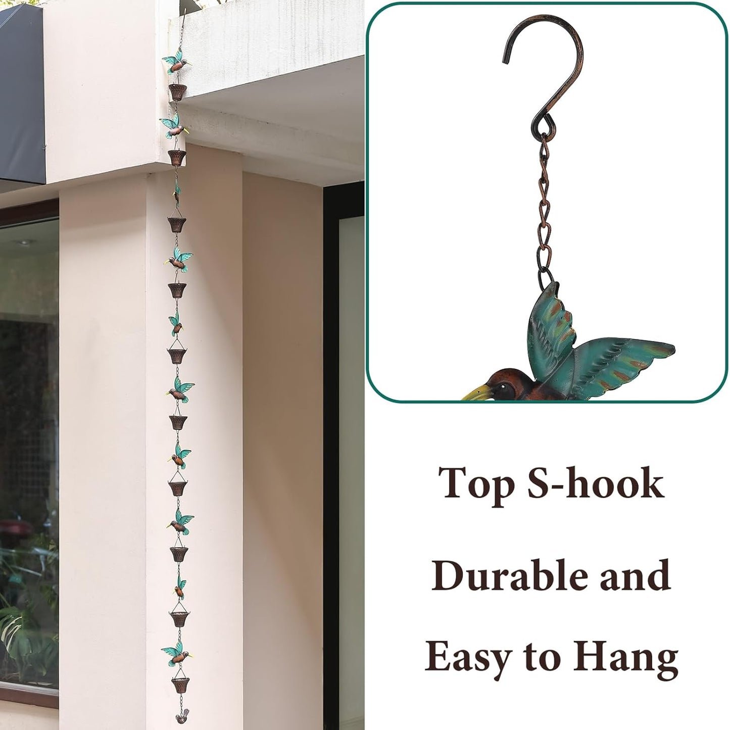 8.5FT Rain Chain, Hummingbird and Cup Rain Chains for Gutters and Downspouts, Metal Decorative Rainwater Catcher Chain, Antique Copper Rain Gutter Downspout Chains for Outside Garden