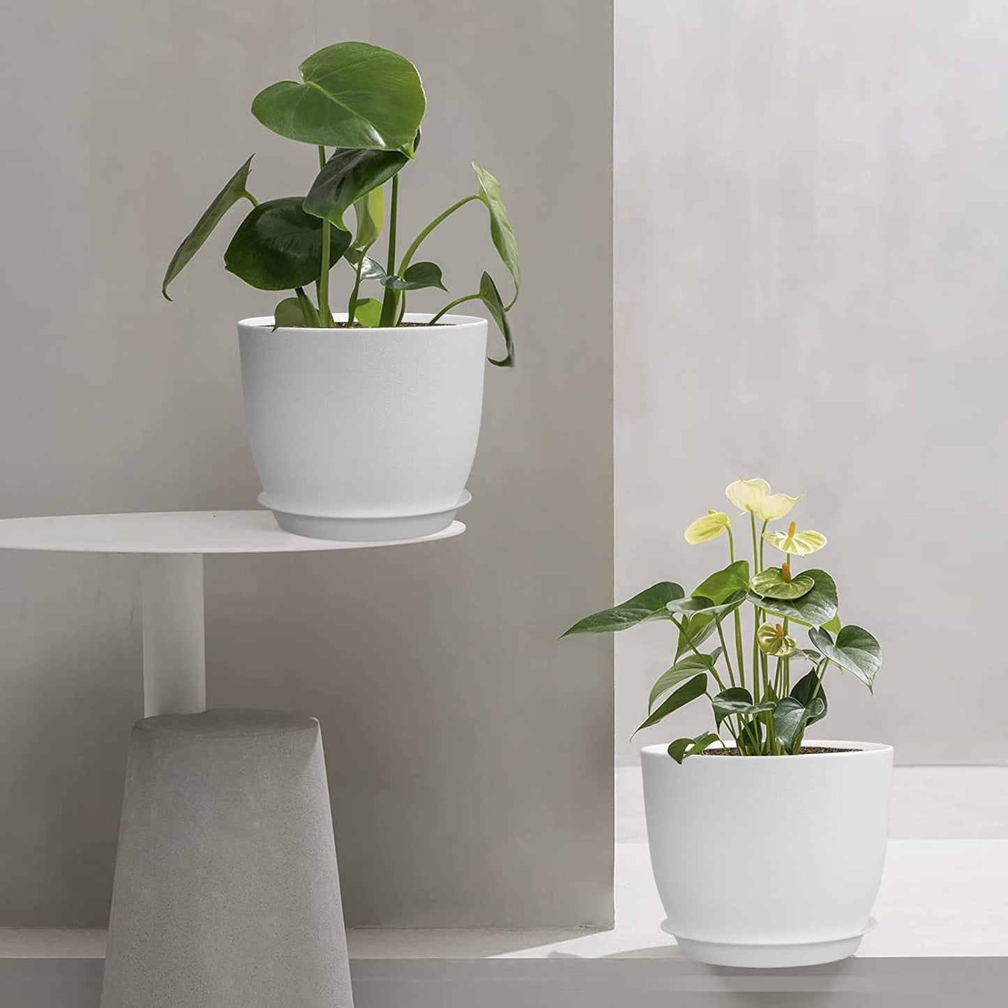 Modern Plant Pots Set, 9/8/7.5 inch Plastic Planters for Indoor Plants, Stylish Flower Pots with Drainage Holes and Saucers for House Plants and Flowers, White