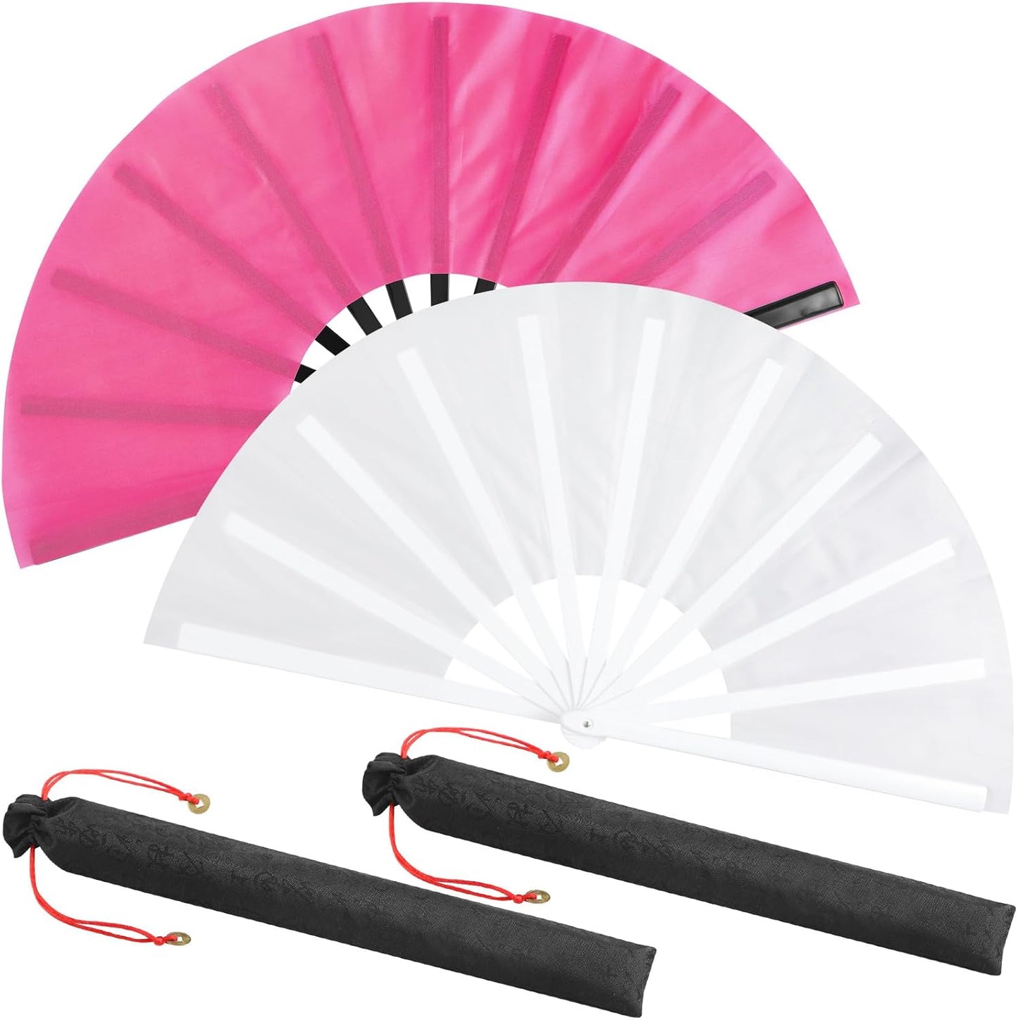 Maitys 2 Packs Large Clap Fans for Line Dancing Large Chinese Folding Hand Fans for Men and Women, Festival, Tai Ji, Kungfu, Martial Art, Gifts (White and Rose Red)