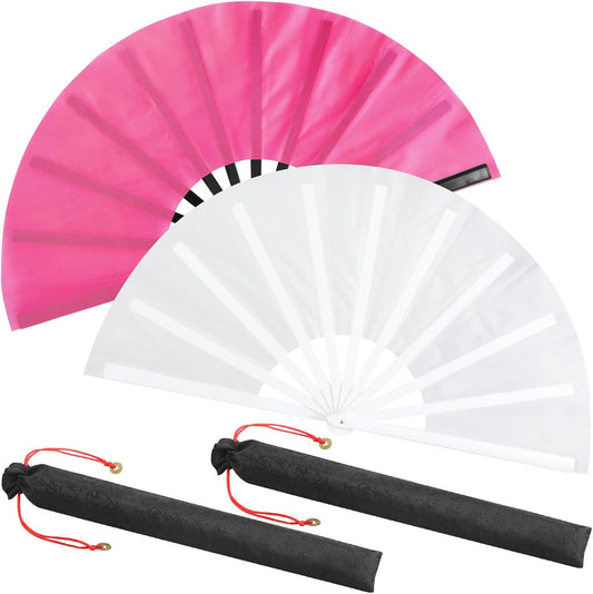 Maitys 2 Packs Large Clap Fans for Line Dancing Large Chinese Folding Hand Fans for Men and Women, Festival, Tai Ji, Kungfu, Martial Art, Gifts (White and Rose Red)