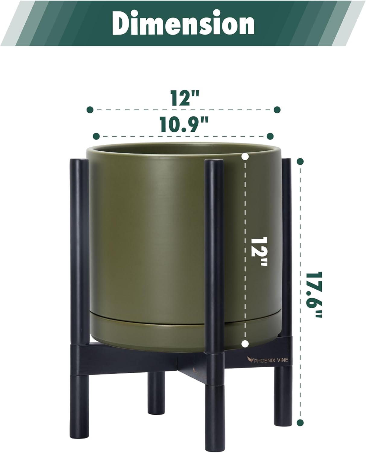 D'vine Dev Ceramic Planter with Ebony Stand - 12 Inch Modern Round Flower Pot with Wood Planter Holder, Olive, 55-B-H-J