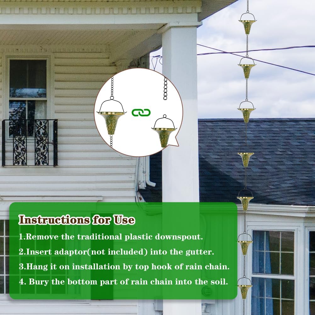9.7ft Rain Chain, Rain Chain for Outside with 10 Funnel Shaped Cups Adjustable Metal Chain Rain Catcher Chain for Gutters, Eaves, Drains, Replacement Downspouts (Green)