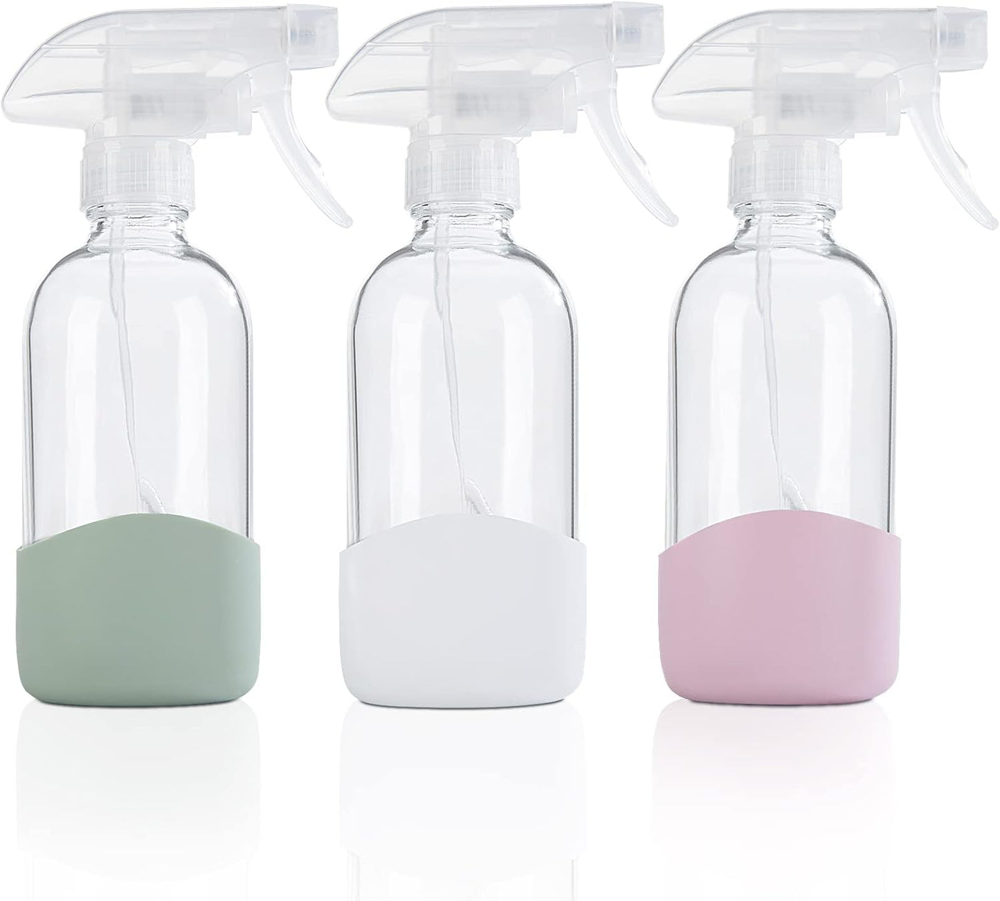 HOMBYS 8 Oz Empty Clear Glass Spray Bottles with Silicone Sleeve Protection Refillable Containers for Cleaning Solutions, Essential Oils, Misting Plants - Quality Sprayer - 3 Pack Boston Bottles