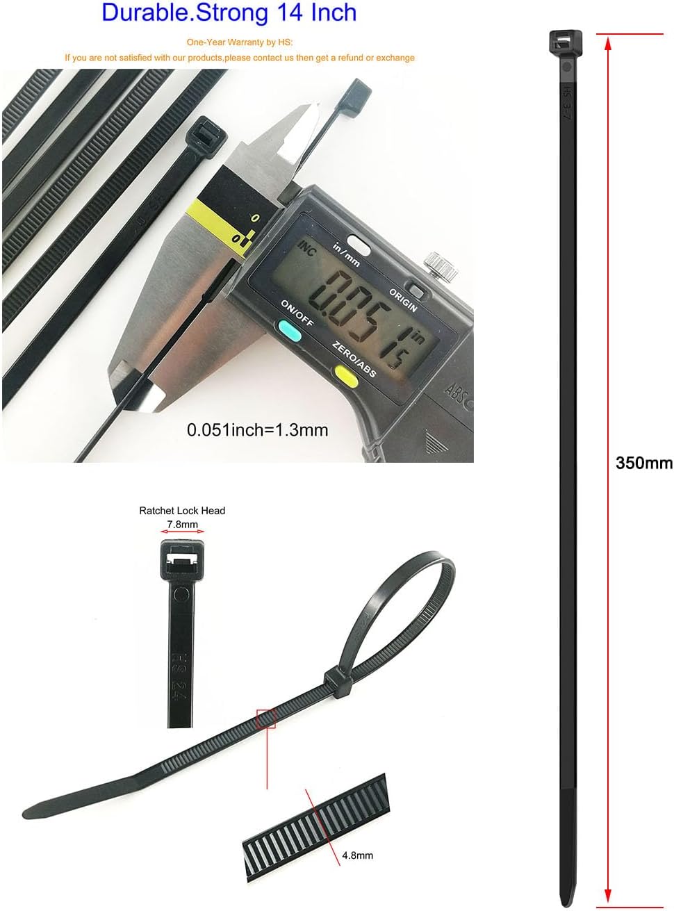 HS Plastic Zip Wire Ties Black Nylon Cable Zip Ties for Fencing Travel Outdoor Purpose, Cable Ties 14 Inch 50 LBS UV Resistant 500 Pieces