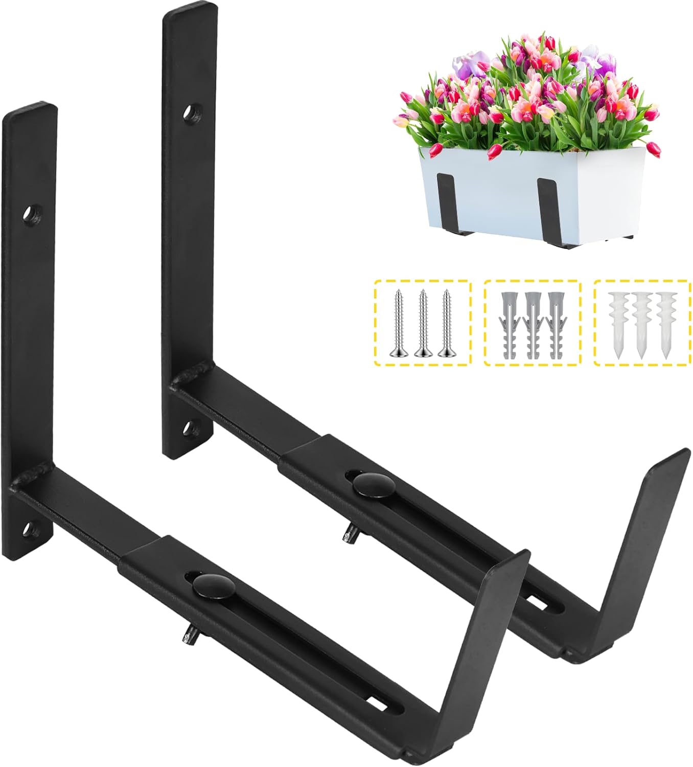 LukLoy Window Planter Box Brackets, 2 Pack Adjustable Heavy Duty Wall Mount Window Flower Boxes Outdoor with Bracket (6 to 12 in), with 70lbs Capacity, Black