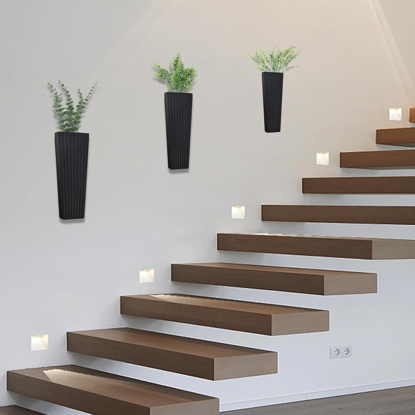 2Pack Black Wood Wall Planter for Indoor +2Pack Green Plants,Modern Wooden Hanging Planter for Dried Flowers and Plants,Abstract Vase Farmhouse Wood Wall Decor (Black)