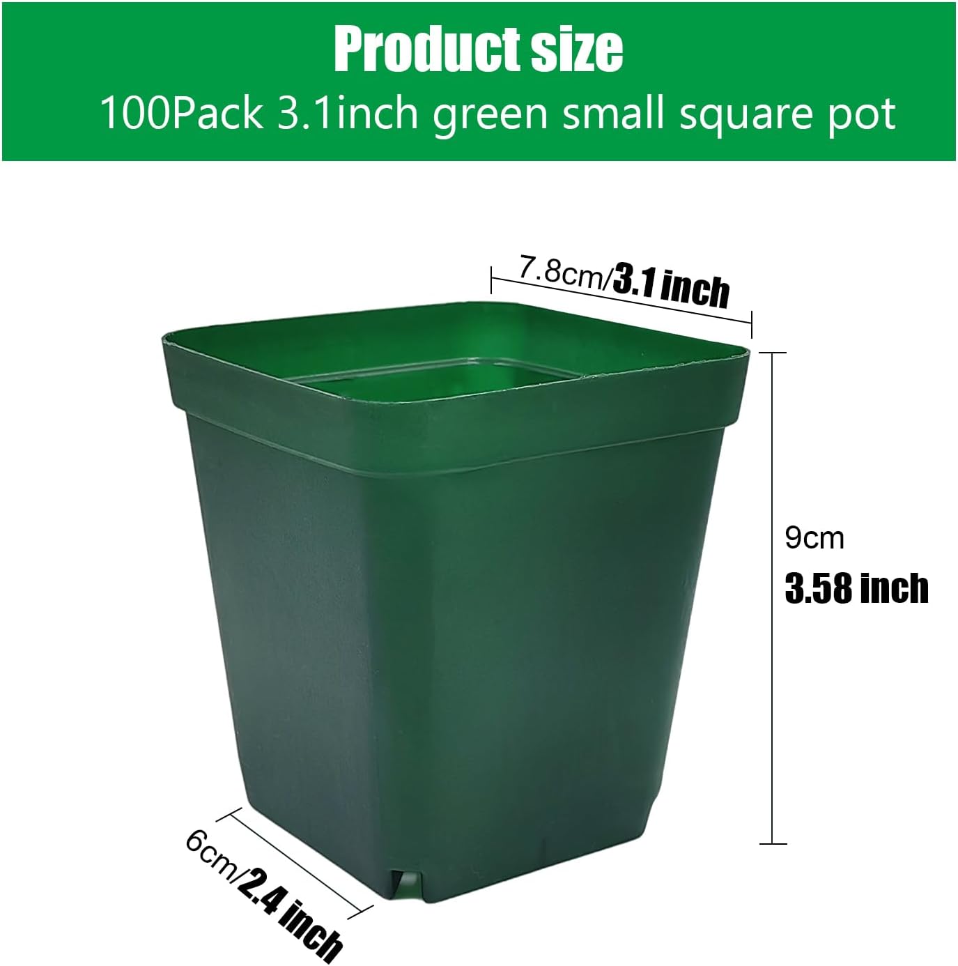 Square Seedling Nursery Pots 3.15 Inches 100 Pcs for Small Succulents or Cacti Flower Plastic Pots Sturdy Reusable (Green, 3.14Inches,100Pcs)