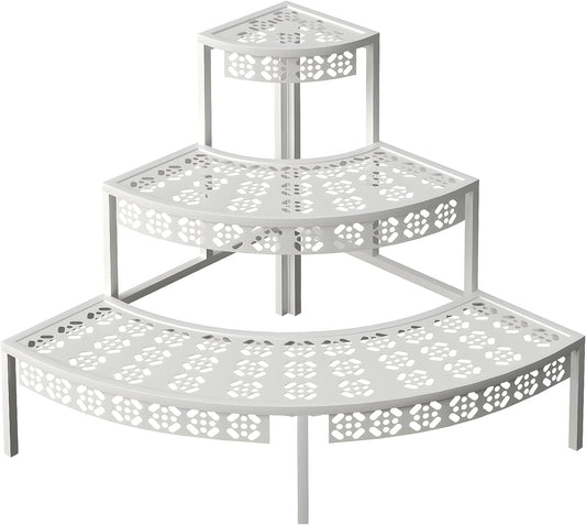 aboxoo 3 Tier Plant Stand Semi-Circular Flower Pot Organizer Rack Quarter Round Plant Display Holder Outdoor Storage Shelves Metal Corner Shelf Planter Shelving Ladder Plant Stand for Indoor