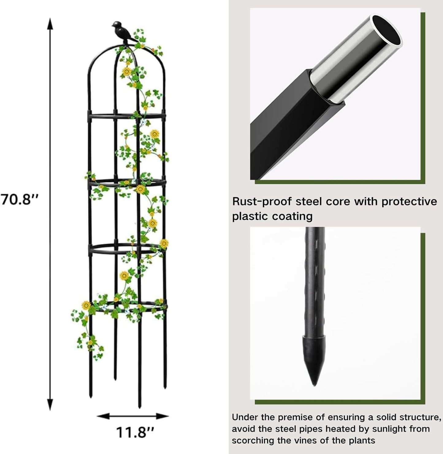 6ft Garden Obelisk Trellis for Climbing Plants-Rustproof Metal Pipe with Heavy Duty Plastic Coated, Garden Outdoor Indoor Potted Plant Support for Clematis Vine Jasmine Support （Black）