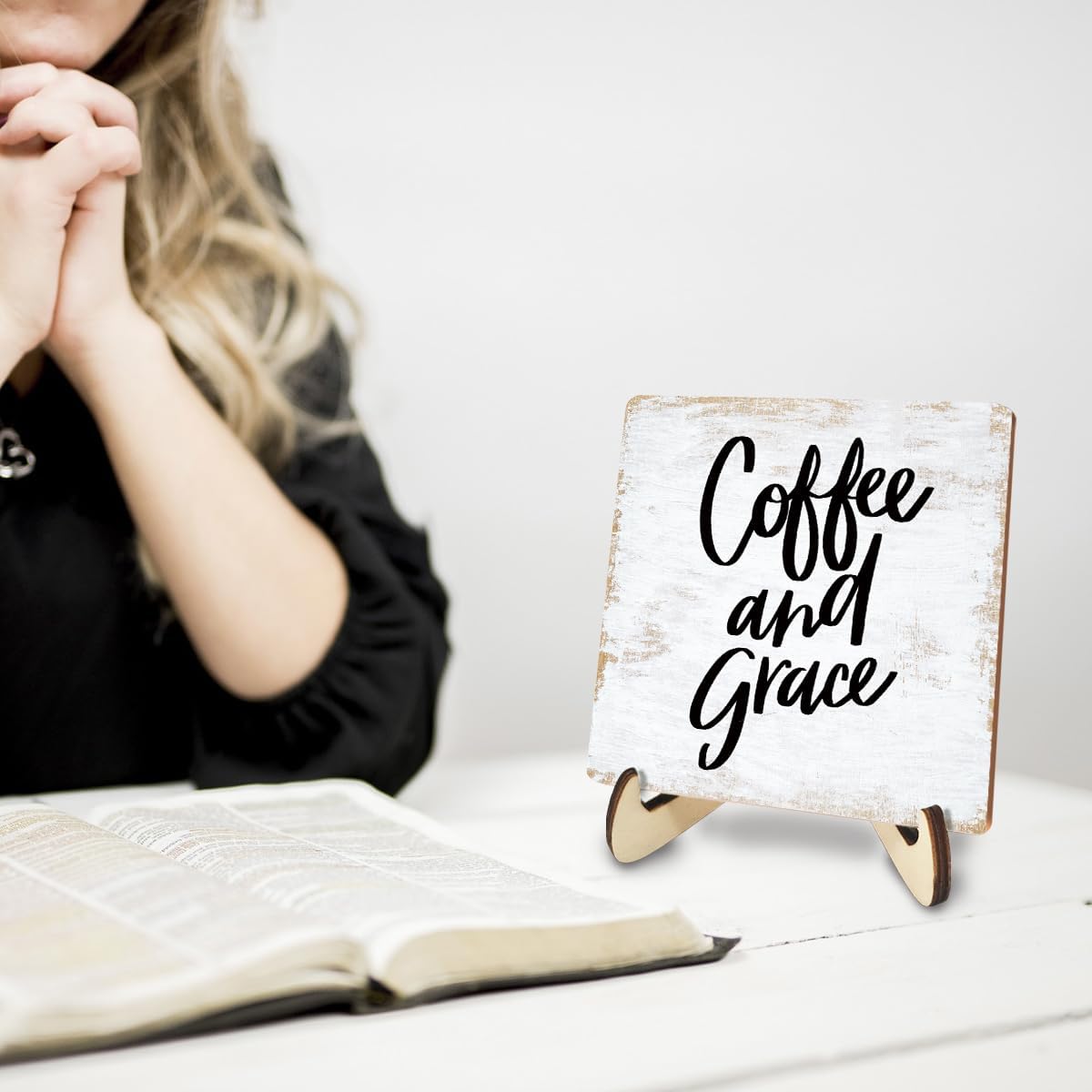 Motivational Wood Sign Rustic Desk Decor Office Desk Accessories Decorative Positive Christian Religious Bible Verse Faith Decorations Office Decor Shelf Table Home Farmhouse Plaque with Wood Stand