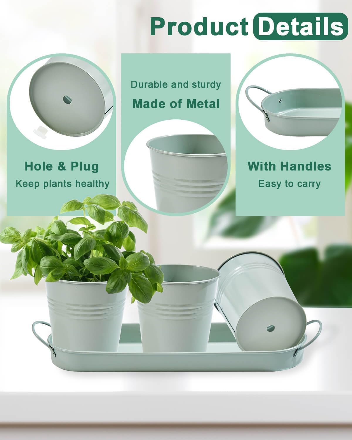vensovo Indoor Herb Planter Set - Galvanized Windowsill Garden Pots with Tray & Drainage, Set of 3 Metal Window Planters for Kitchen & Outdoor Use, Light Green