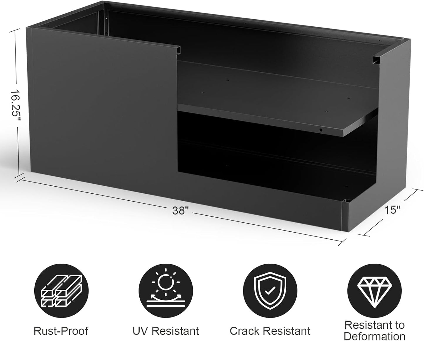 Long Metal Planter Box for Outdoor Plants 15" W x 38" L x 16.25" H, Heavy Duty Steel Rectangular Planter Box with Removable Insert Shelf, Modern Décor for Outside, Indoor, Garden (Black)