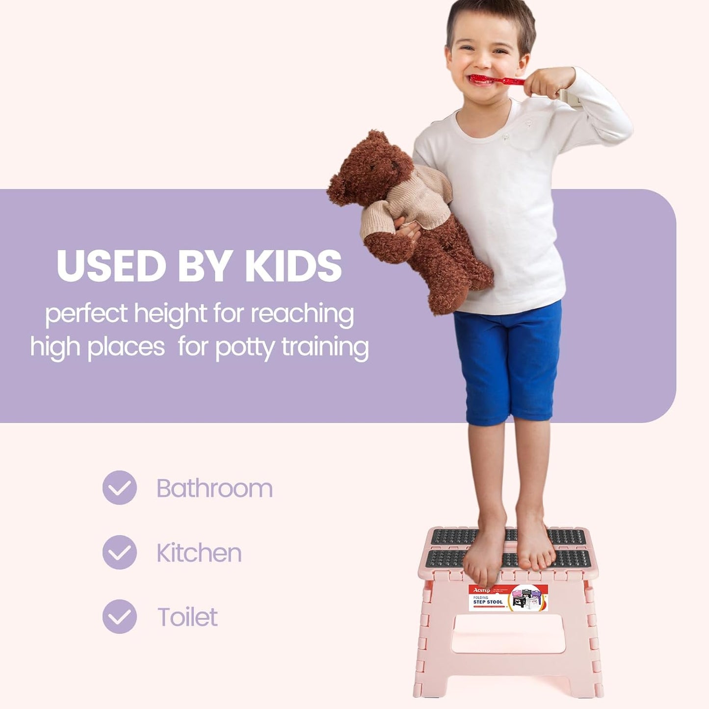 ACSTEP 9 Inch Folding Step Stool 300 LB Capacity Non Slip Foot Stool with Handle Plastic Foldable Step Stools for Kids Stepping Stool for Bathroom Black Small Step Stool (1 PC Pink)