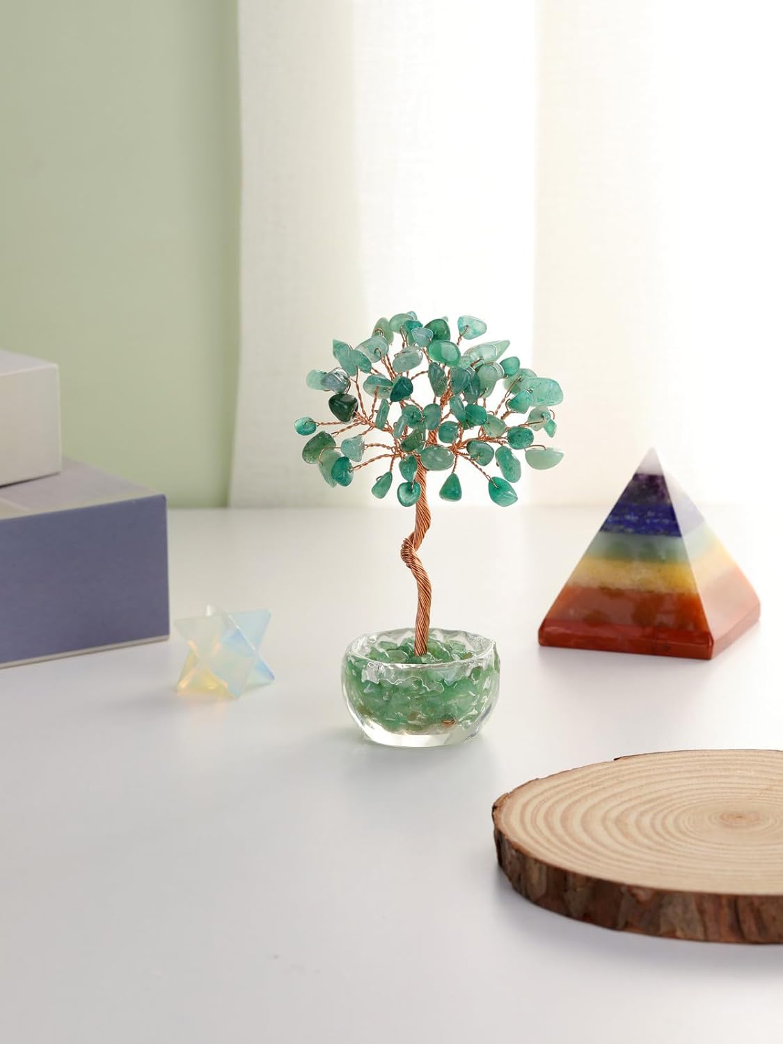 Jovivi Small Green Aventurine Crystal Tree, Natural Crystal Healing Stones Tree Glass Bowl Base Gemstone Money Trees Feng Shui Good Luck Home Desk Decor