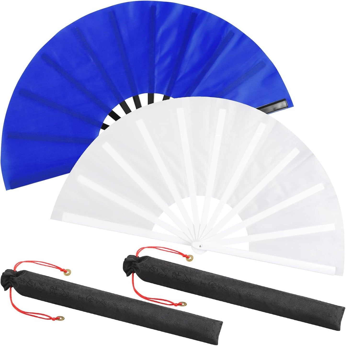 Maitys 2 Packs Large Clap Fans for Line Dancing Large Chinese Folding Hand Fans for Men and Women, Festival, Tai Ji, Kungfu, Martial Art, Gifts (White and Blue)