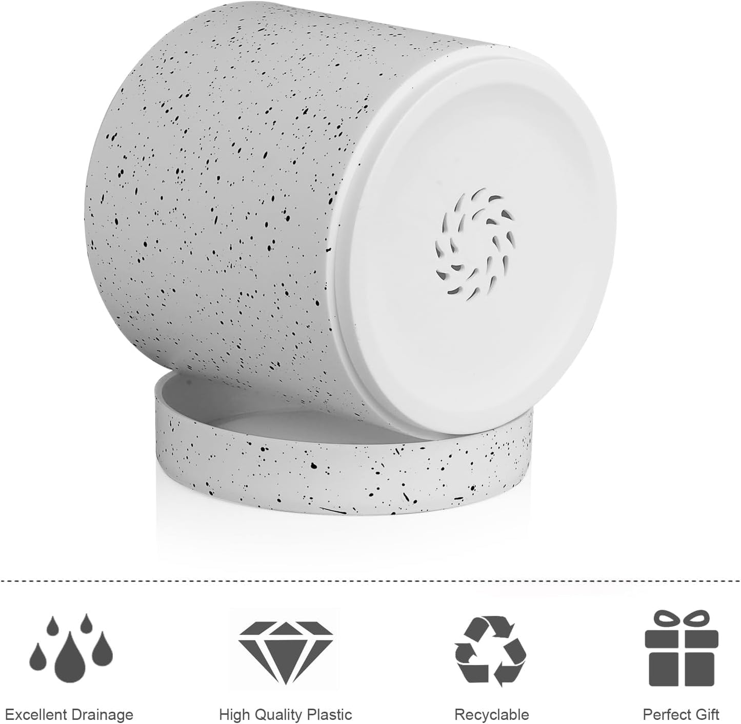 6/5/4 inch Plant Pots, 3 Pack Cylinder Flower Pots for Small Indoor Outdoor Plants, Plastic Planters with Drainage Holes and Saucers for Garden Succulent House Plants, Speckled White