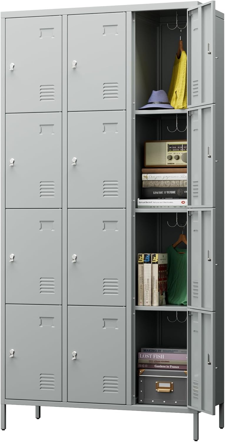 12 Doors Metal Storage Locker, 72" H Employees Lockers Storage Cabinet with 12 Hooks for Home, Office, Gym, School, Assembly Required, Light Gray