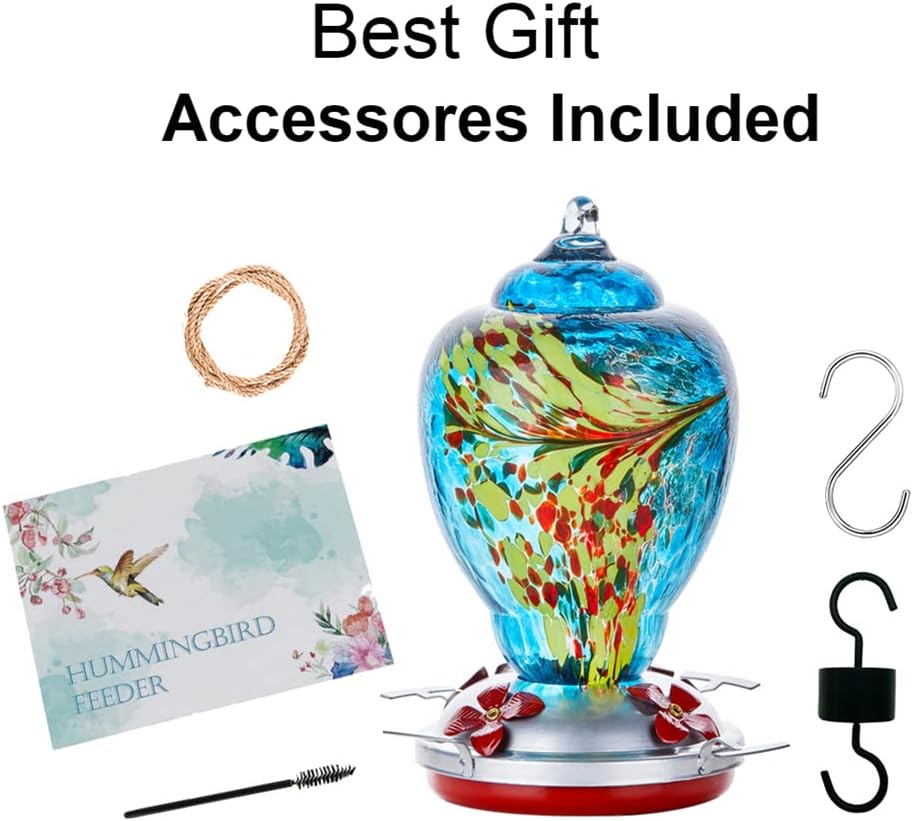 WOSIBO Hummingbird Feeder for Outdoors Patio Large 32 Ounces Colorful Hand Blown Glass Hummingbird Feeder with Ant Moat Hanging Hook, Rope, Brush and Service Card (Blue)