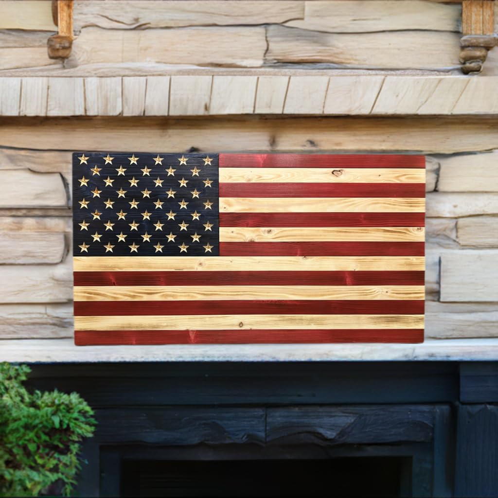 Rustic Wooden American Flag, Patriotic Wall Art (Weather Protected Finish, 26x47)