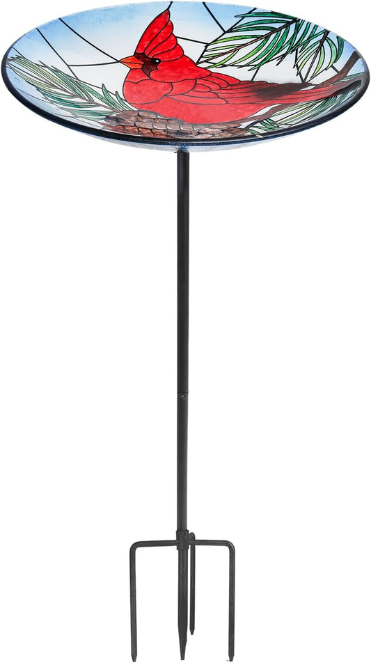 MUMTOP Glass Bird Bath, Garden Outdoor Birdbaths Birdfeeder with Metal Stake Red Cardinal