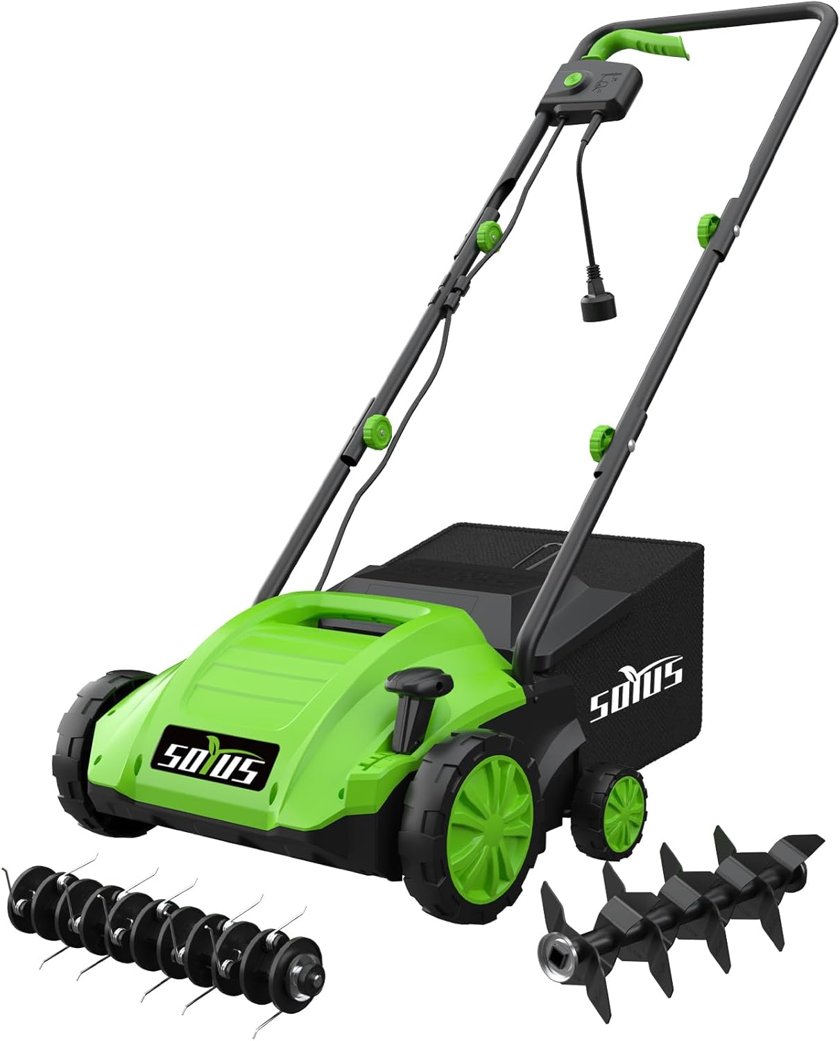 SOYUS Electric Dethatcher and Scarifier with 30L Collection Bag, 13-Inch 12 Amp 2-in-1 Corded Lawn Dethatcher with 4-Postion Depth Adjustment, Quick-Fold, Increases Lawn Health