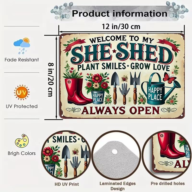 Bestylez Garden Gifts Welcome to My She ShedVintage Gardening Signs for Home Garden Greenhouse Living Room Bedroom Yard Outdoor Decor 8X12 Inch (3372)