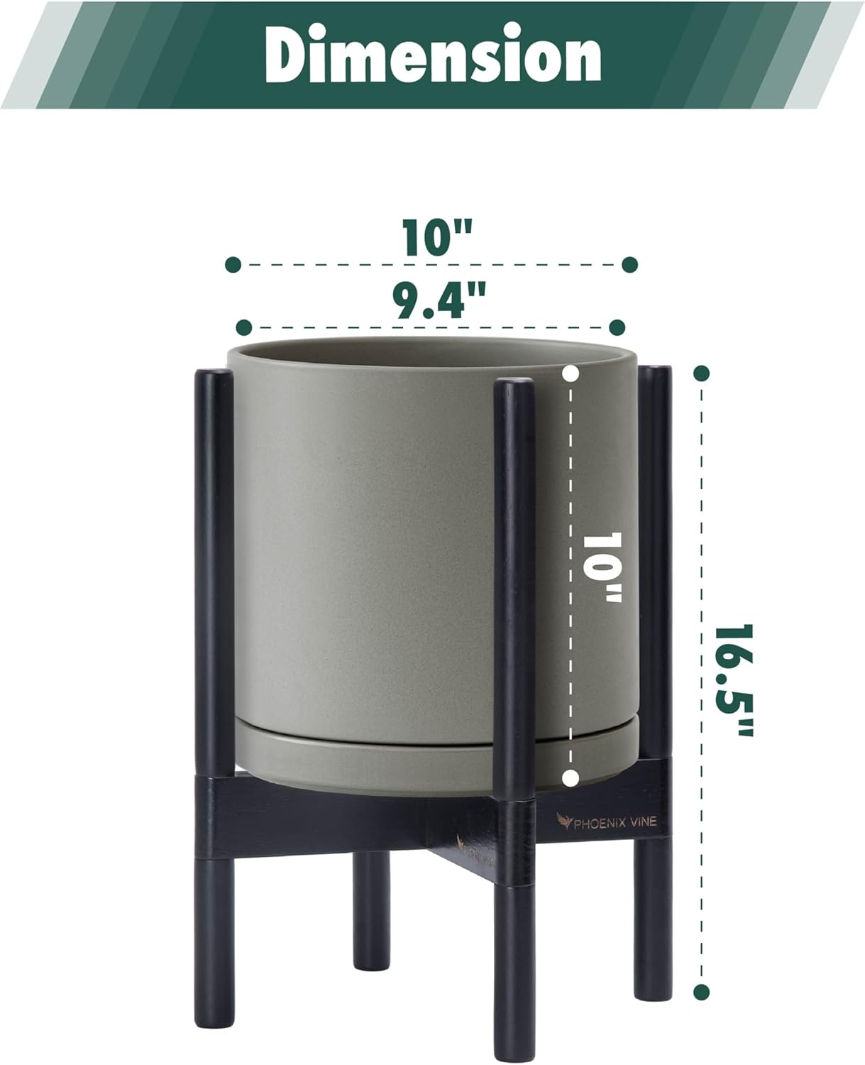 D'vine Dev Ceramic Planter with Ebony Stand - 10 Inch Modern Round Flower Pot with Wood Planter Holder, Grey, 55-B-L-3