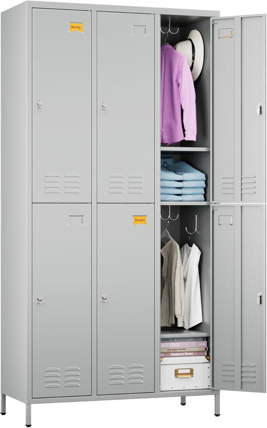 6 Doors Metal Storage Lockers for Employees with 18 Hooks,72" H Employee Lockers with Business Card Holder for Offices School Gyms Home,Assembly Required,Light Gray