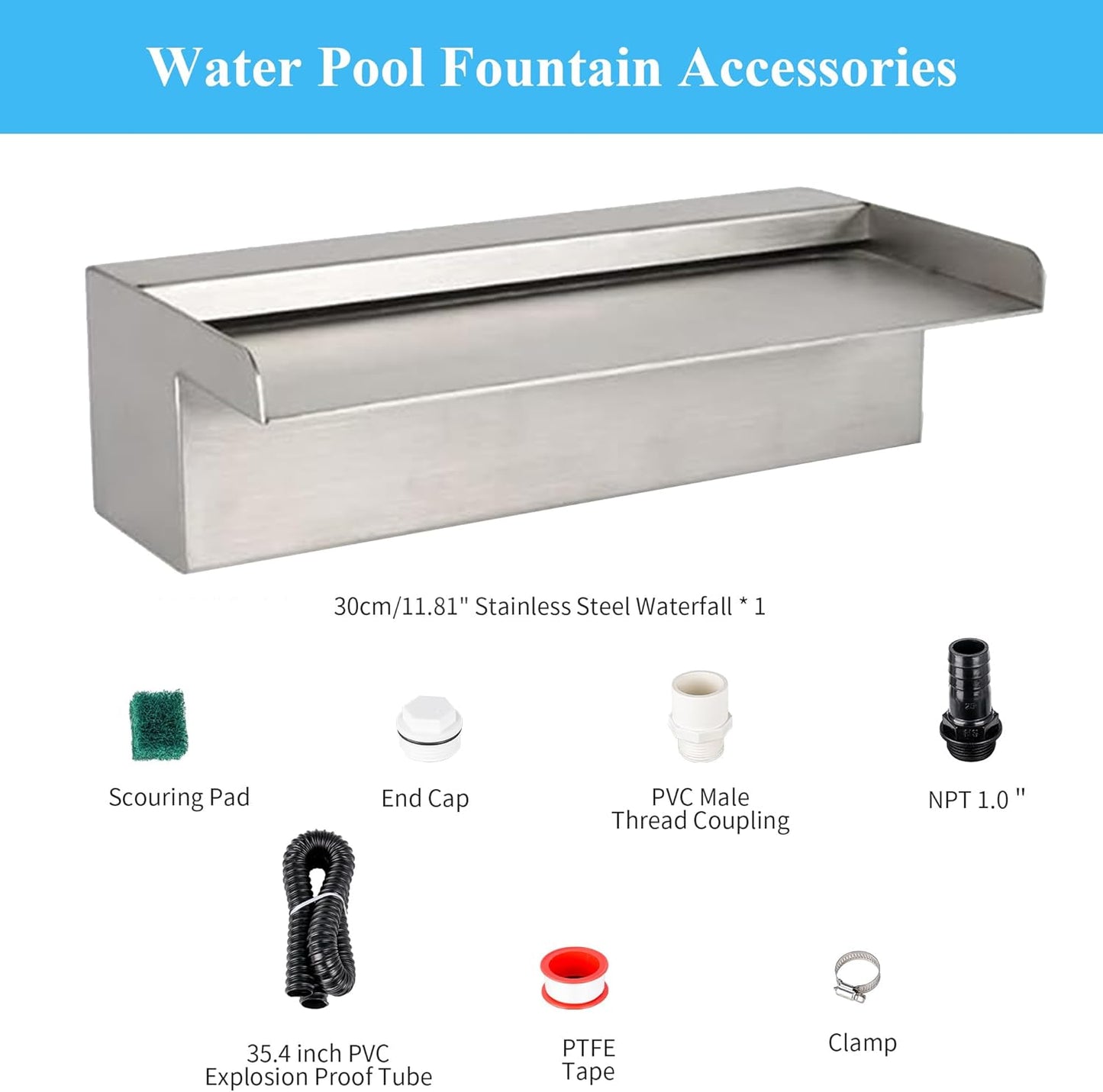 12 Inch Pool Fountain 304 Stainless Steel Waterfall Spillway with Pipe Connector Kits, Wider Water Flow Sheer Descent Platform Water Feature Fountain for Swimming Pool, Outdoor Garden Decor