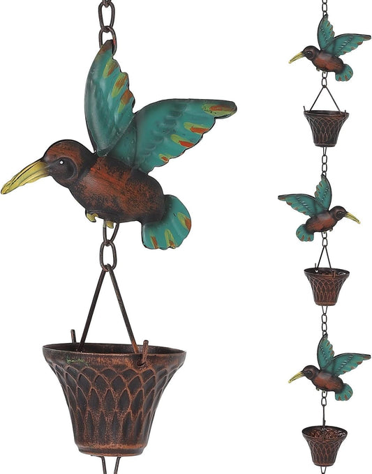 8.5FT Rain Chain, Hummingbird and Cup Rain Chains for Gutters and Downspouts, Metal Decorative Rainwater Catcher Chain, Antique Copper Rain Gutter Downspout Chains for Outside Garden