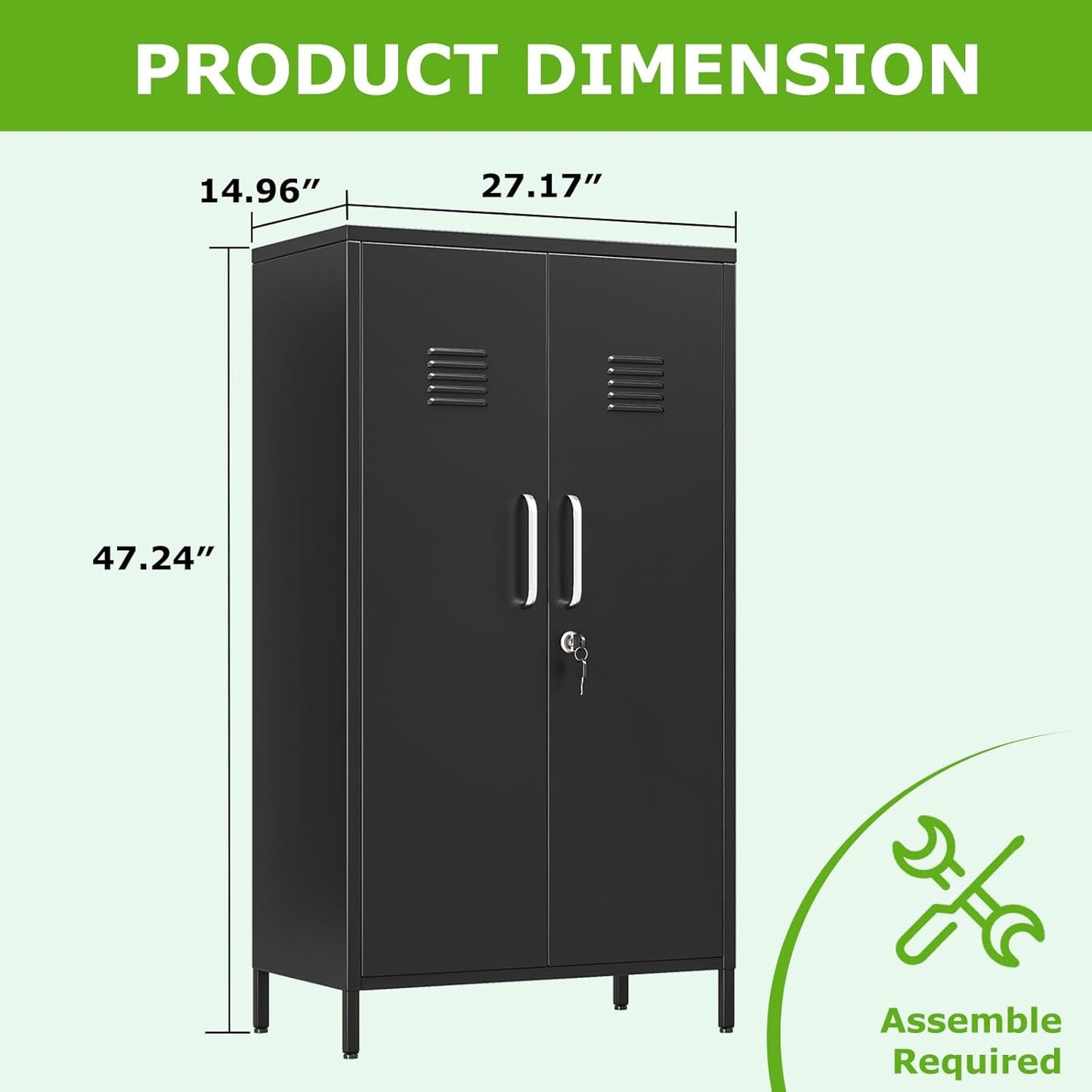 47" Metal Storage Locker, Lockable Employees Metal Locker with 2 Door and Adjustable Shelves, Steel Locker for Home, School, Office, Gym (Black)