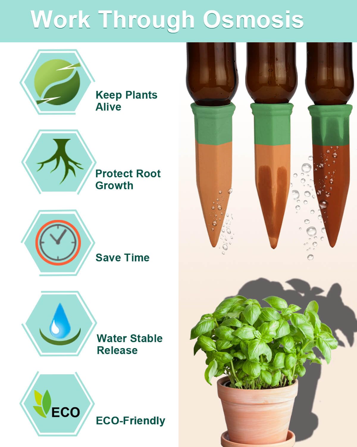 vensovo 10pcs Terracotta Watering Spikes - Green Automatic Self Watering Stakes, Plant Watering Devices for Wine Bottles Recycled Bottles, Clay Plant Garden Waterers for Vacations