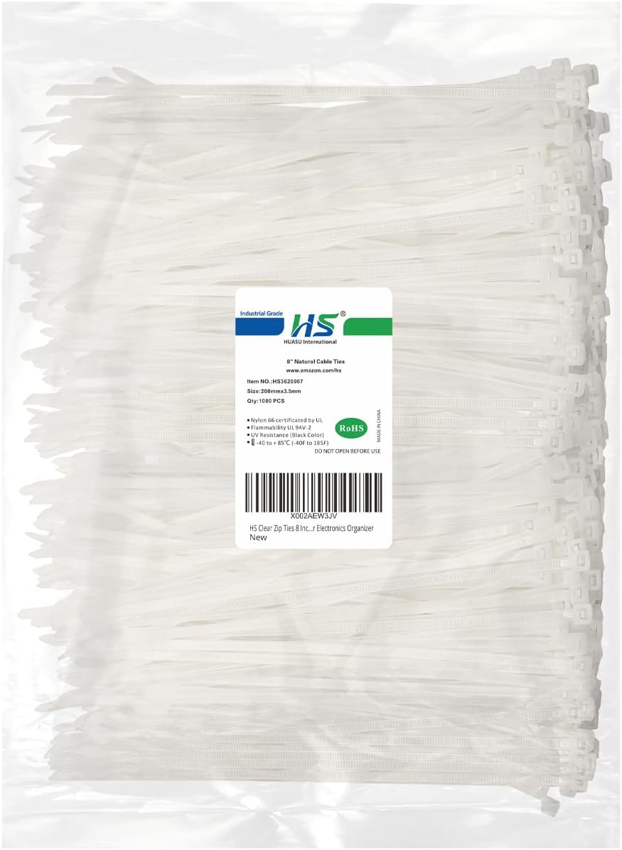 HS Clear Zip Ties 8 Inch (Bulk-1000 Pack) Nylon Cable Ties 40 Lbs Self-Locking Wire Ties for Electronics Organizer