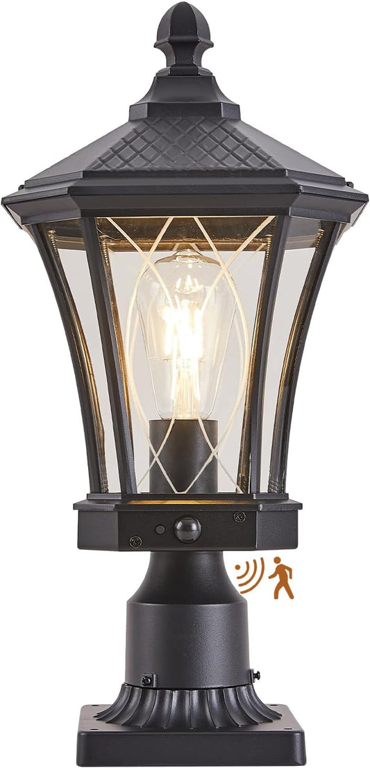 Motion Sensor Outdoor Post Lights with Pier Mount Base, Dusk to Dawn Outdoor Pillar Lamps Waterproof Exterior Post Lamp with Patterned Glass Outdoor Pole Lights for Patio, Porch, Gate