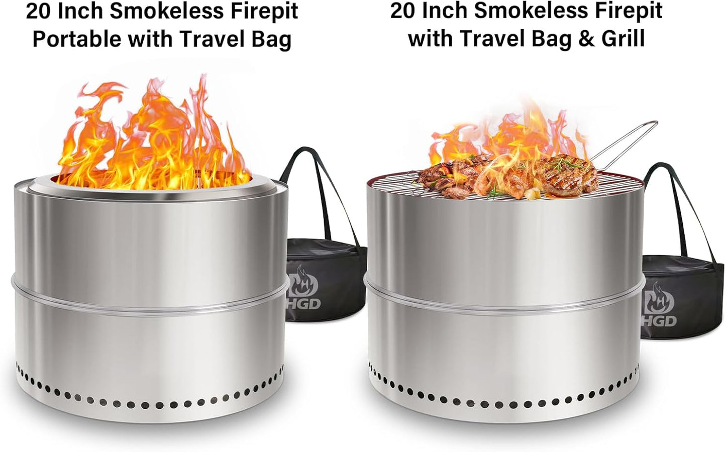 HGD 20 inch Smokeless Firepit Outdoor, Portable Smokeless Fire Pit for Camping with Travel Bag, Stainless Steel Wood Burning Stove for Backyard & Patio, Easy Setup & Compact Storage