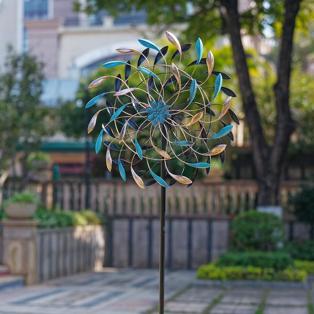 DREAMYSOUL Wind Spinner Outdoor, 23" Dia Metal Windmills with Blue and Copper Leaves, Kinetic Wind Spinners & Sculpture for Yard and Garden