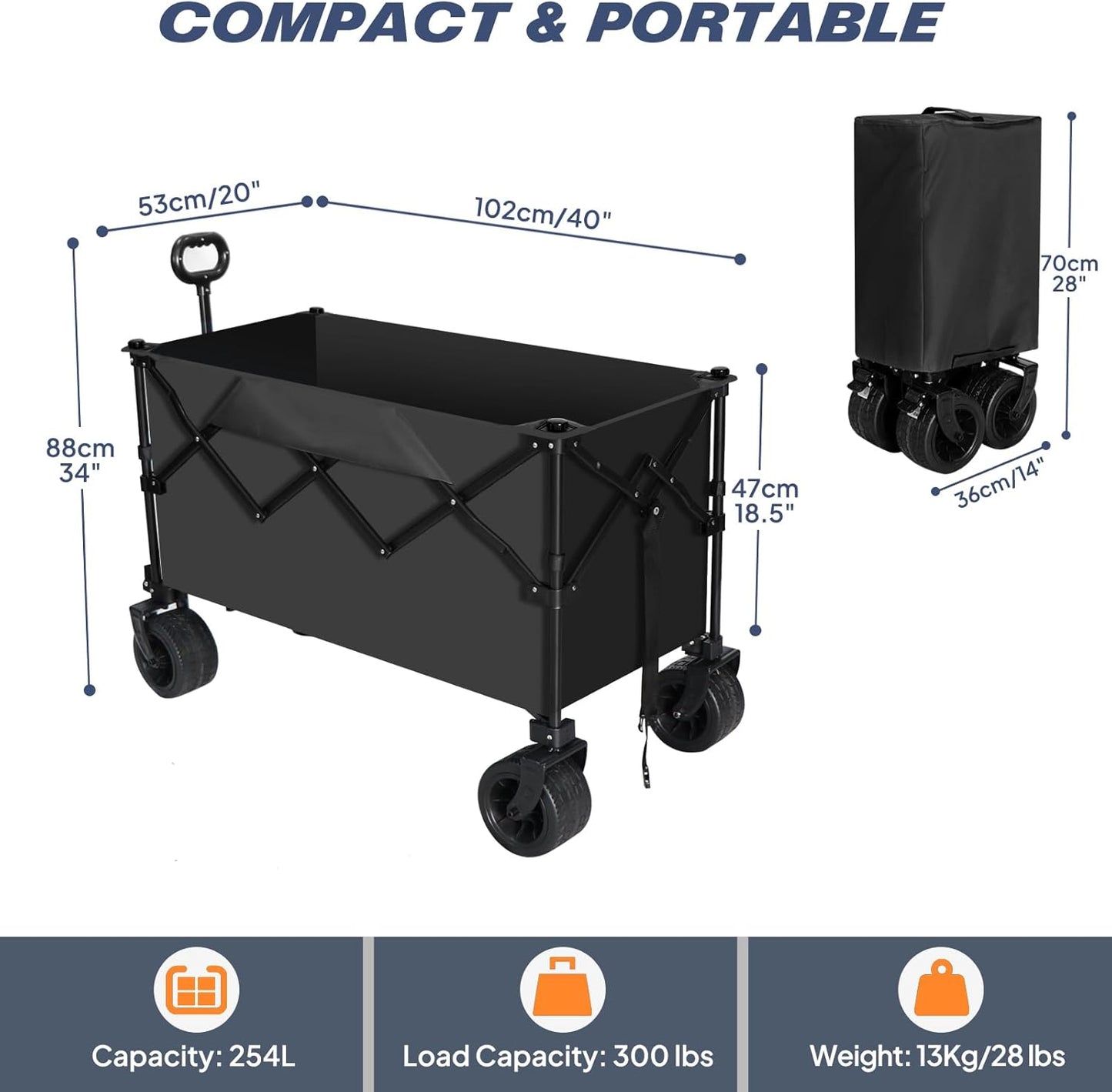 Chihee Garden Cart Collapsible Outdoor Utility Wagon Cart,Folding Beach Cart Oversized Capacity 254L,Heavy Duty Portable Wagon All Terrain Wheels Oversized Side Pocket 2 Drink Holders for Camping