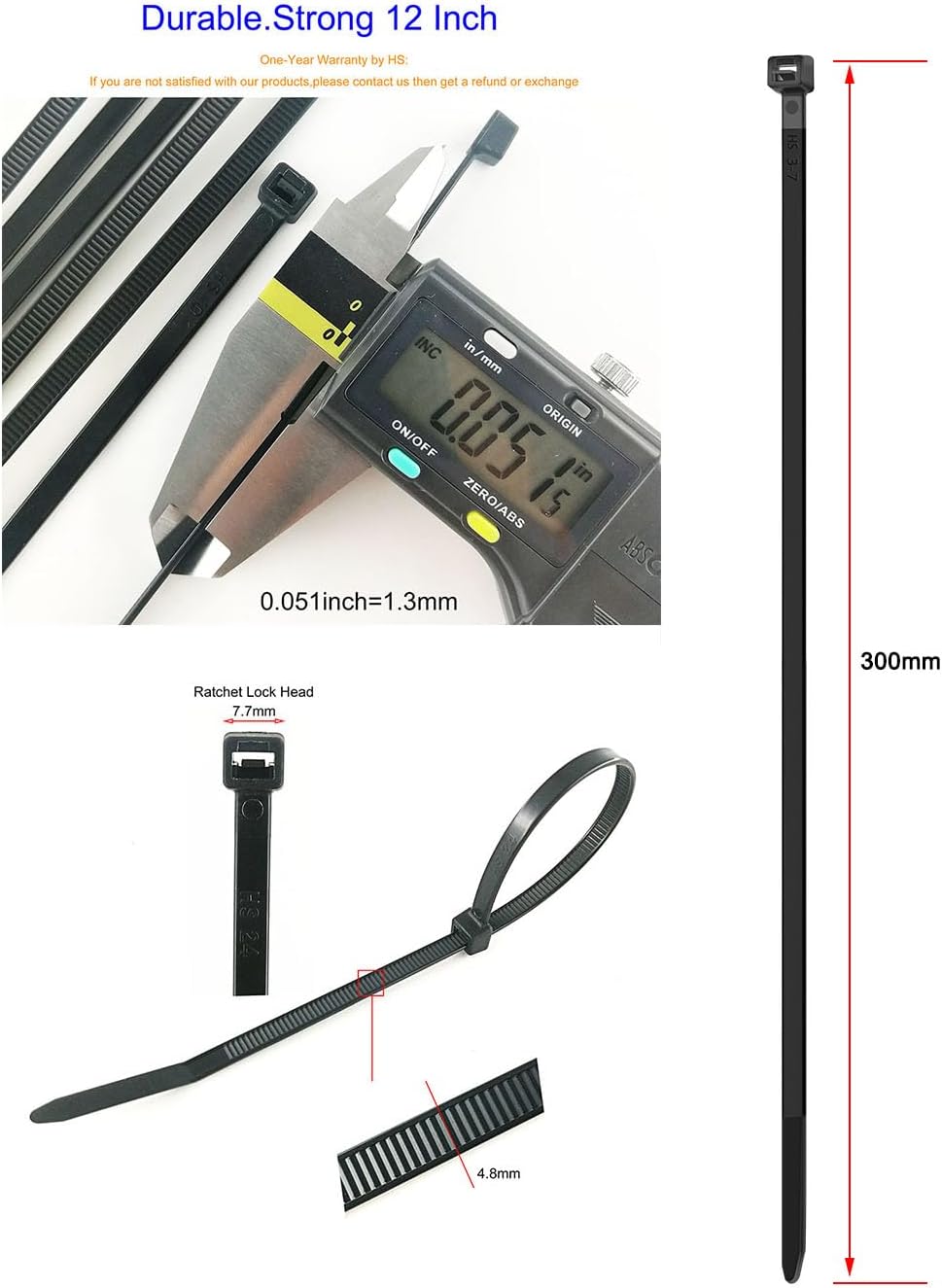 HS 12 Inch Black Zip Ties 1000 Bulk Pack,Nylon Cable Ties 50 LB Strong Wire Tie Wraps Black UV Outdoor Purpose