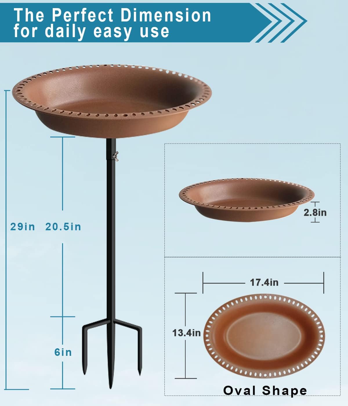 Koutemie 1-¼ Gallon Detachable Free Standing Garden Bird Bath Bird Feeder Bowl with Metal Stake for Outdoor, Deep Brown, 29 Inch