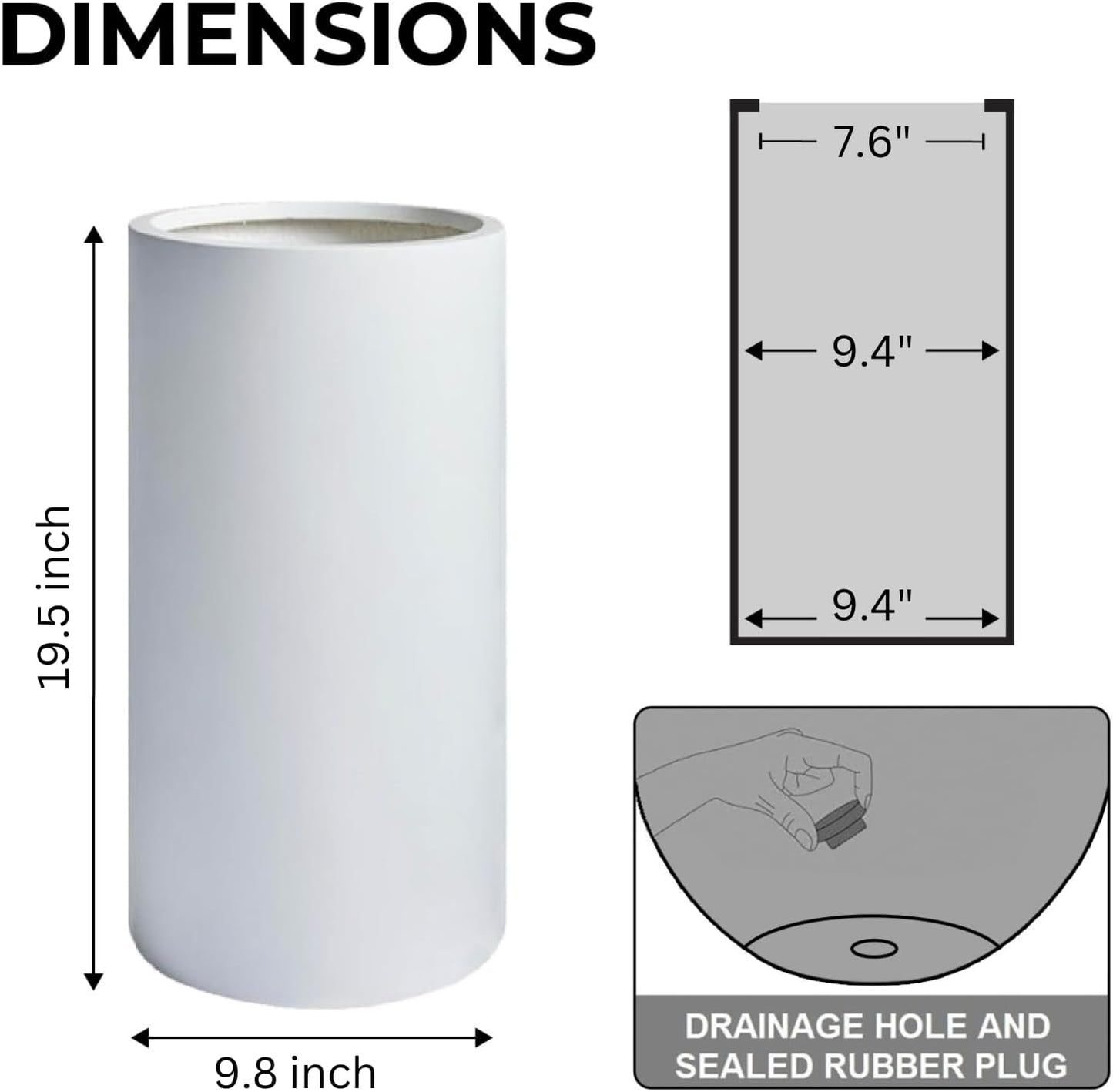 19.5"H x 9.8"D Tubo Fiberstone Cylinder Tall Planter with Drainage Hole, Smooth Finishes, Weather Resistant for Indoor and Outdoor Use, Included 2 Extra Coco Mats (White, 8.2" Pot Opening)