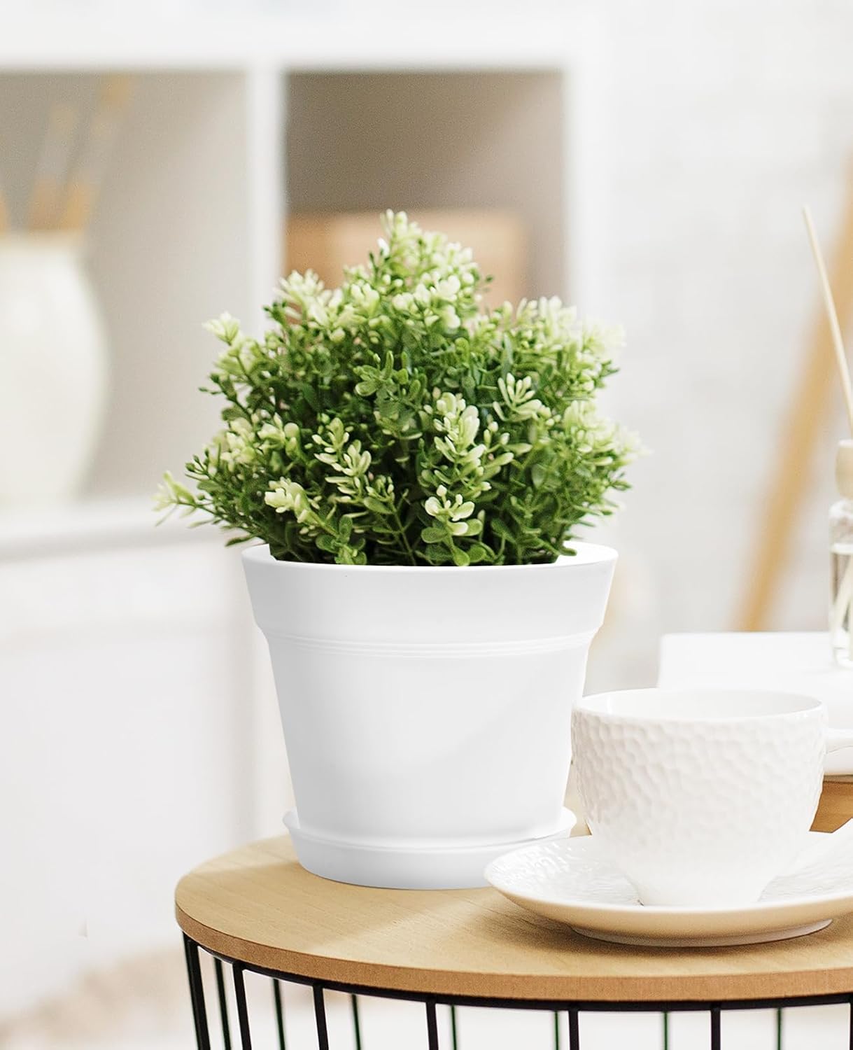 homenote Plant Pots,6/7.5 Inch Flower Pots for Plants Plastic Planters for Indoor with Multiple Drainage Holes and Trays, for All Home Garden Flowers Succulents,Outdoor(White,10 Pack)