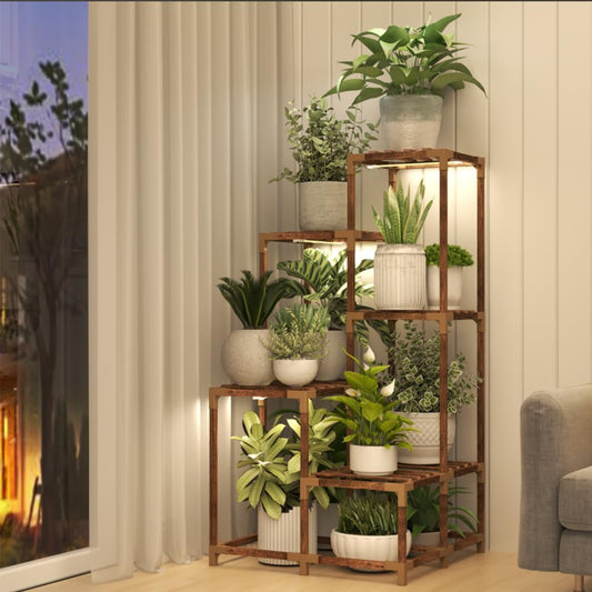 HOMKIRT 11 Tier Corner Plant Stand Indoor with Grow Light, Wood Tiered Tall Plant Shelf Flower Stand for Multiple Plants for Patio Porch Living Room
