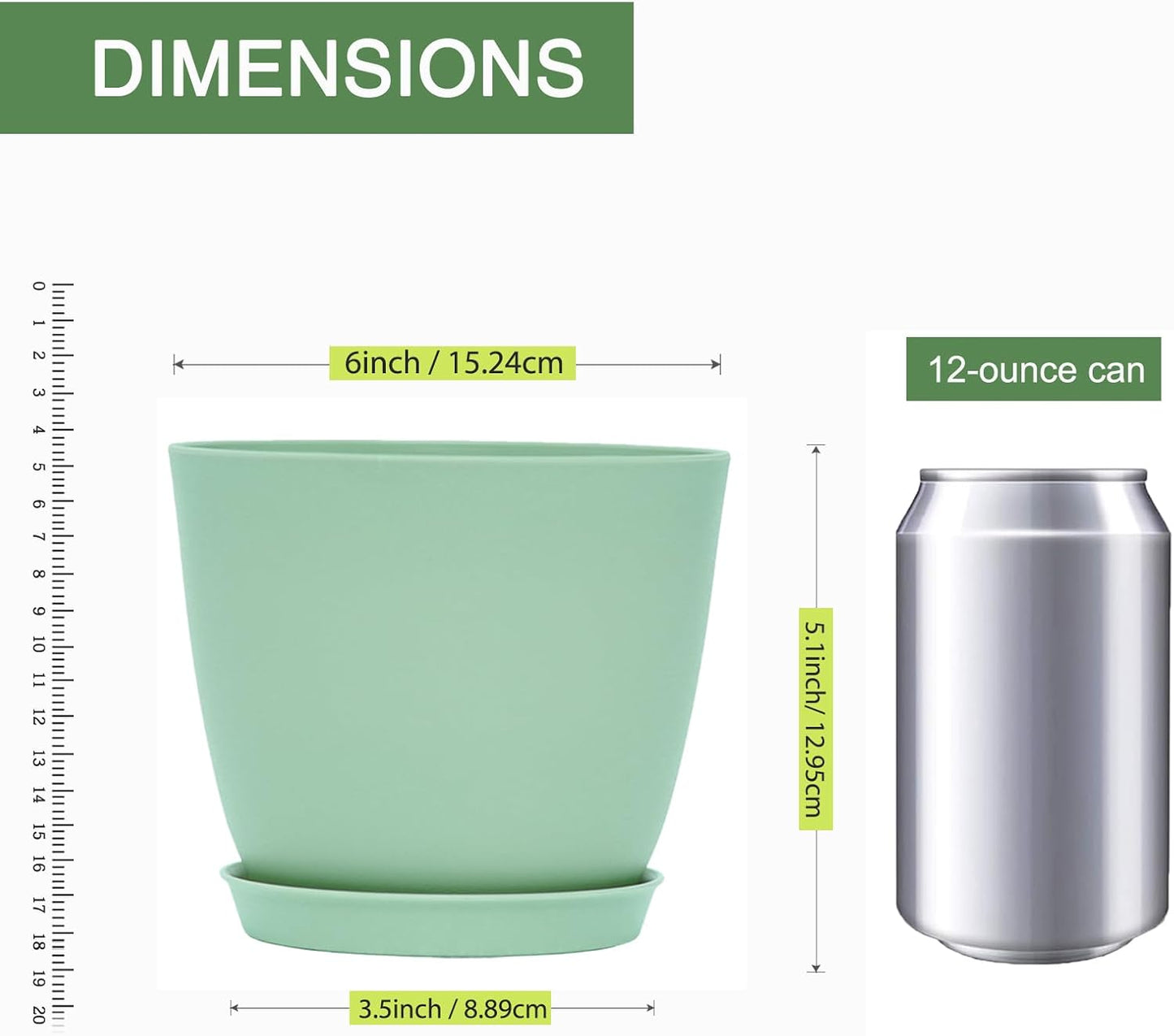 6inch 12Pack Plant Pots, Plastic Planter for Indoor Outdoor Flowers Plants, Green