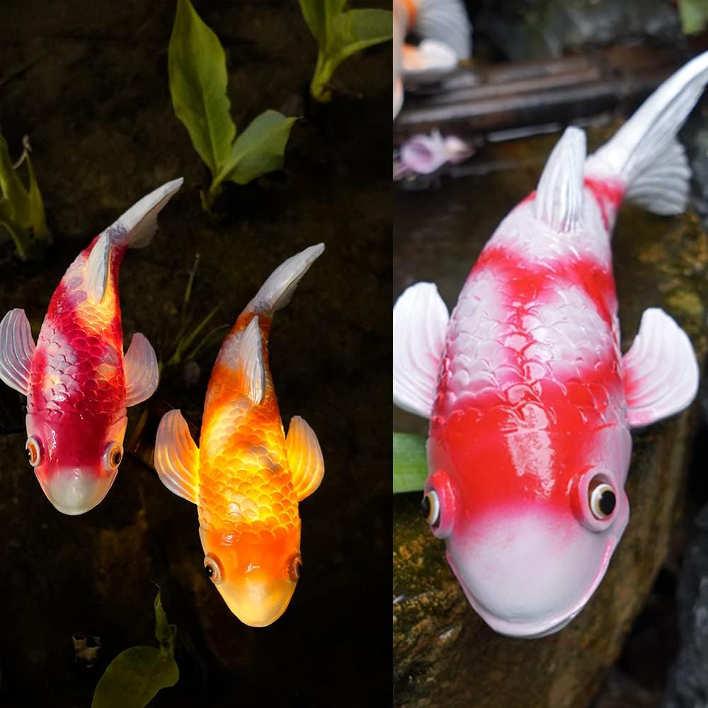 Set of 2 Solar Koi Fish Garden Statues - Ceramic Fish Sculptures for Outdoor Patio, Yard, Lawn & Balcony Decor - Waterproof Garden Ornaments with LED Lights
