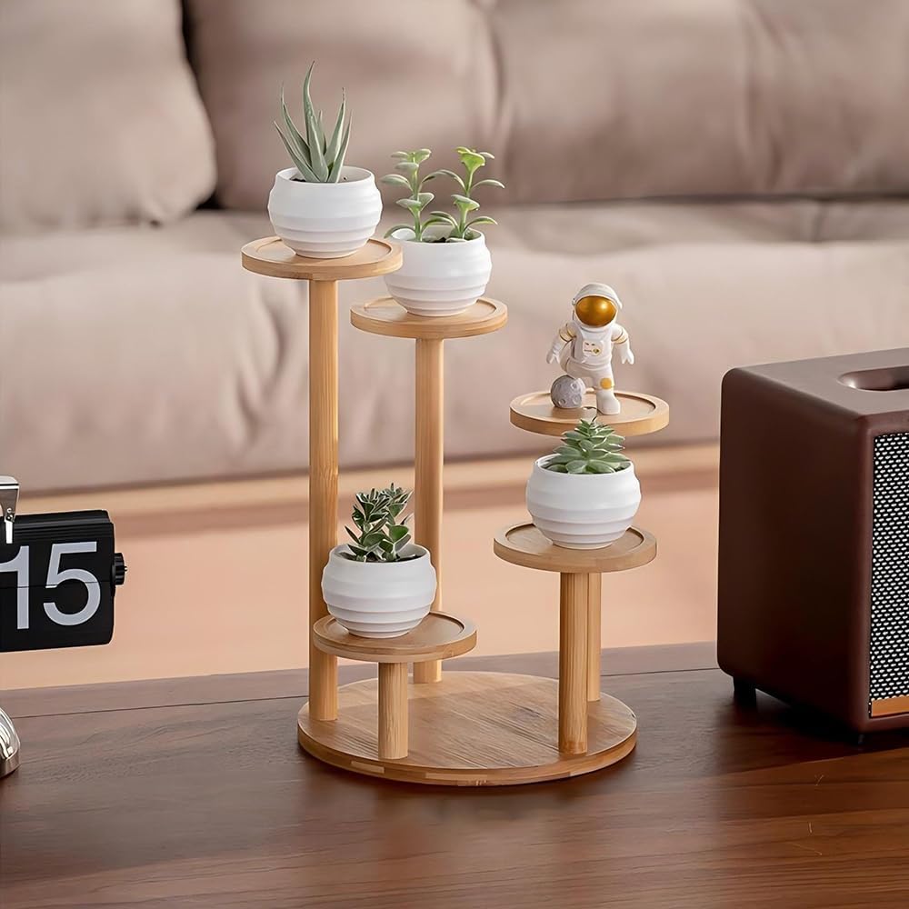 5 Tiered Desk Plant Stand Round Bamboo Plant Shelf Tabletop Succulent Herb Stand Desktop Plant Stand Indoor Plant Rack for in Living Room Office Decoration - Large