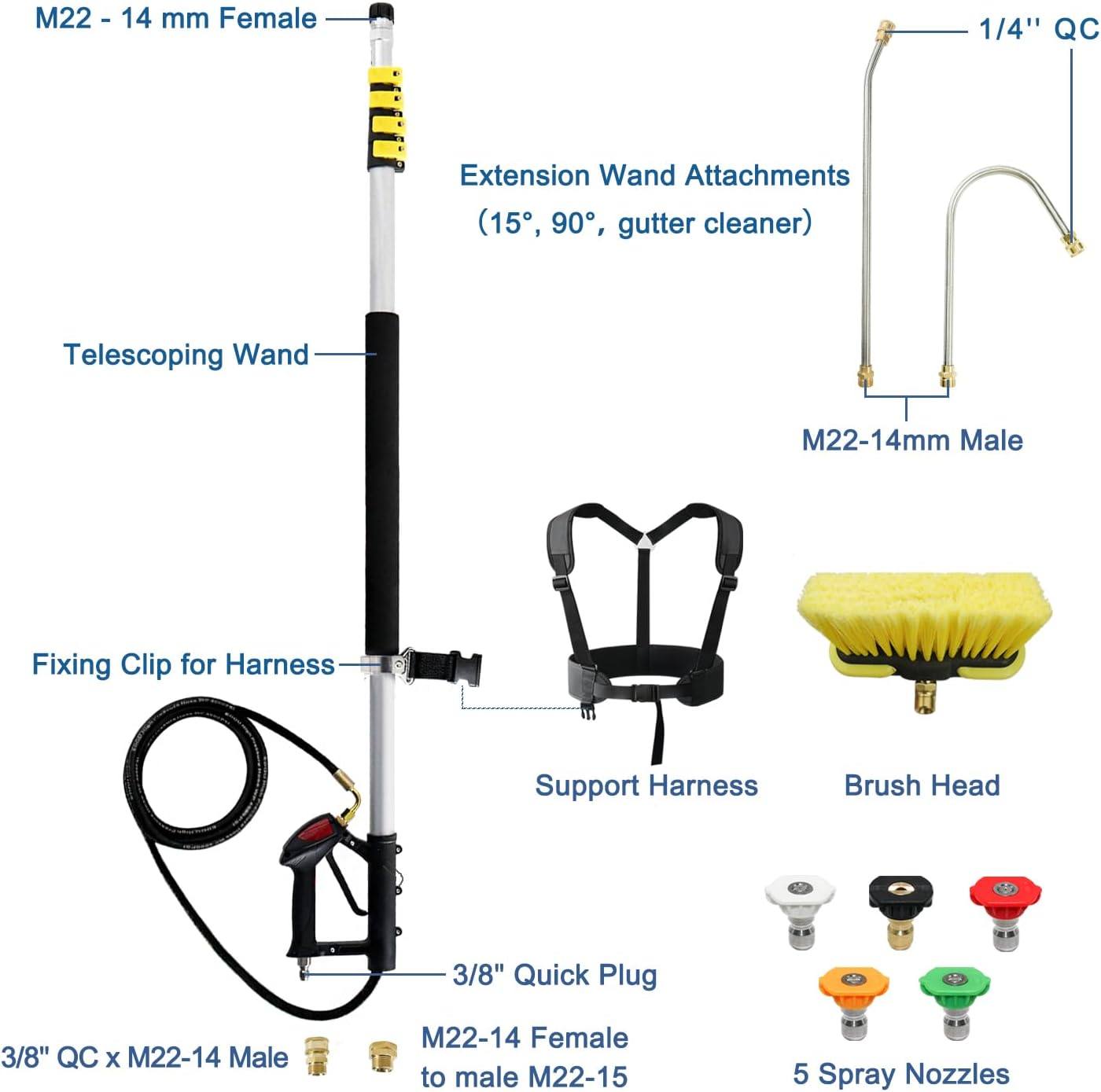 janz Aluminum 24 FT Telescoping Pressure Washer Wand with Pressure Washer Extension Wand,Gutter Cleaner Attachment, 5 Spray Nozzle Tips, 2 Hose Inlet Adapters and Support Harness