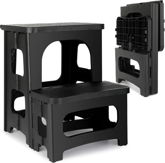 Amoise Folding 2-Step Stool, Non-Slip Portable Footstool 8'' & 17'' Dual Heights, Holds 300 lbs, Portable Footstool for Kitchen Home Toilet Bedroom Office Bathroom RV(Black)