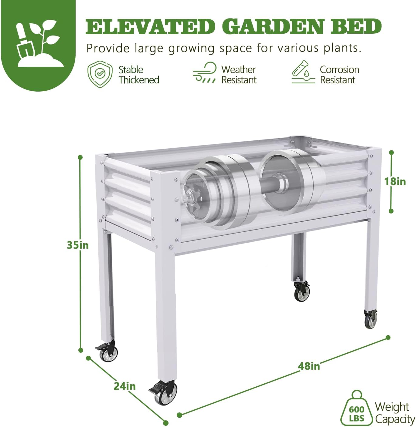 A ANLEOLIFE Galvanized Raised Garden Bed with Legs,48x24x35in Large Elevated Planter Box on Wheels with Drainage Holes for Backyard, Balcony, Patio, 600lb Capacity, Antique White